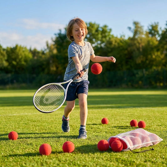 Yellow foam mini tennis balls on a tennis court - product detail