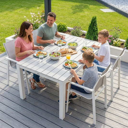 Outdoor dining table set with white aluminium frame and grey ceramic tabletop - product detail