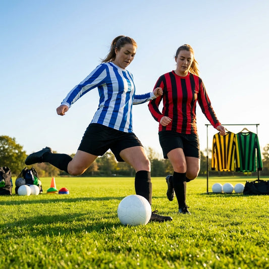 Women's football kit with long-sleeved striped shirt, shorts, and knee-high socks - product detail