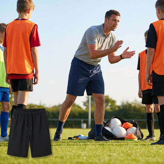 Breathable polyester coaches' shorts in black and navy - product detail
