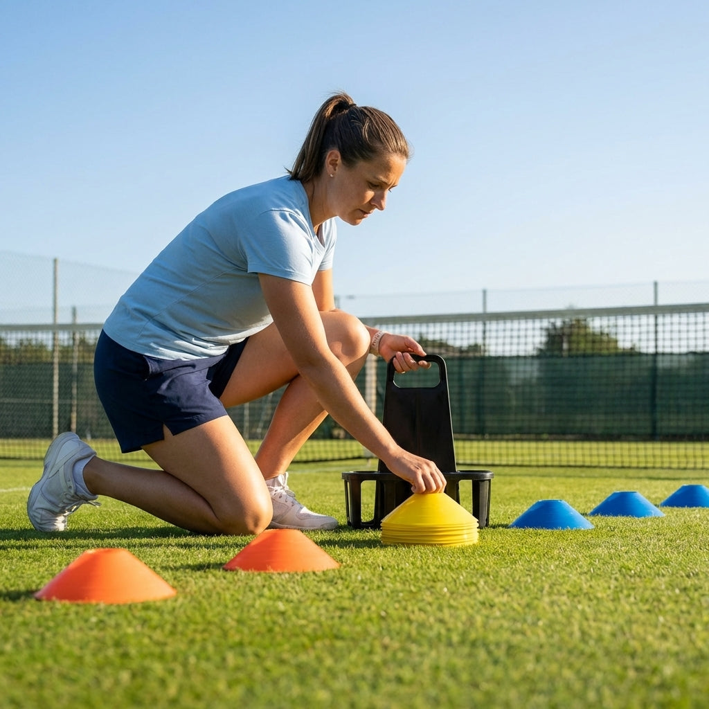 Tennis Training Marker Cones in various colours with carry stand - product detail