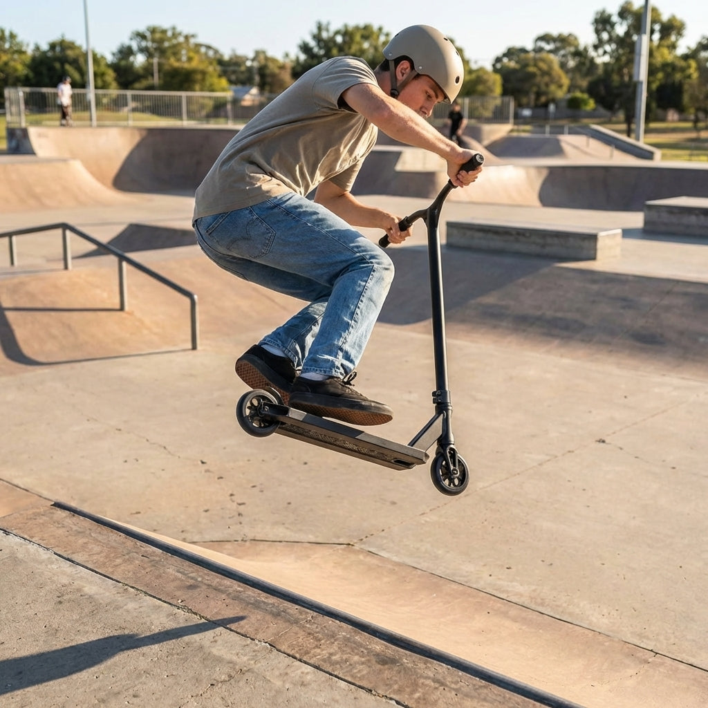 Freestyle kick scooter with multi-coloured TPR grips for skatepark use - product detail