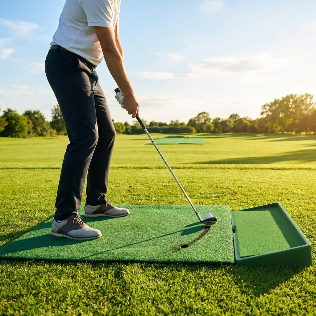 Golf swing training mat showing swing path on green fabric - product detail