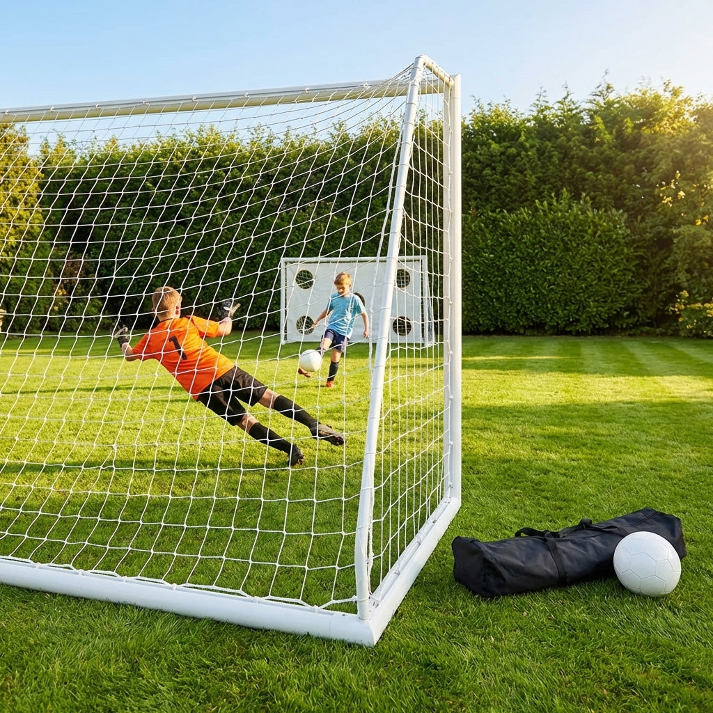 8ft x 6ft white football goal post with durable uPVC frame for garden play - product detail
