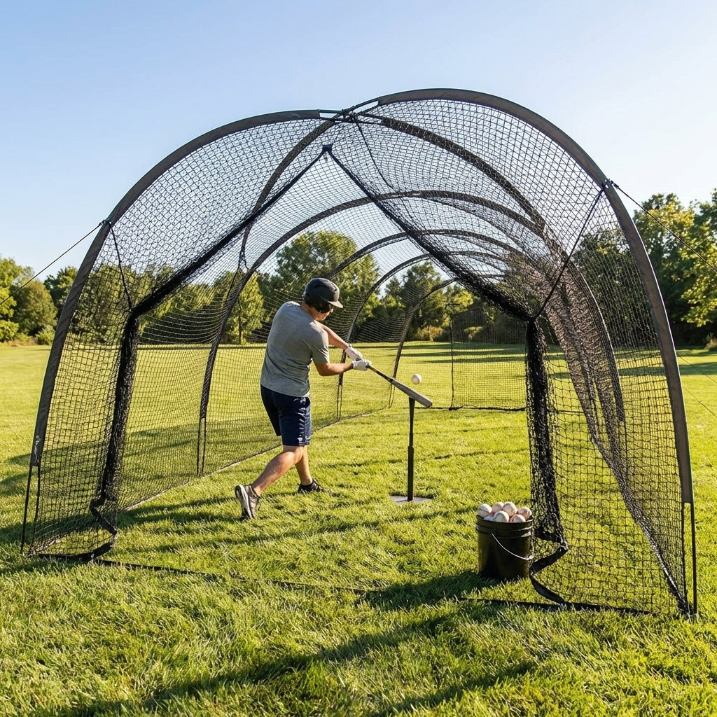 Baseball batting cage extender setup with fibreglass frame and polyester netting - product detail
