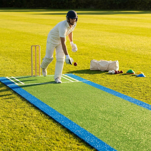 Cricket matting with blue surround and integrated stump lines - product detail