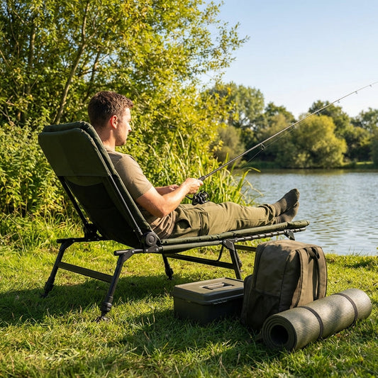 Fishing bed chair with fire-resistant 600D Oxford fabric, ideal for carp angling - product detail
