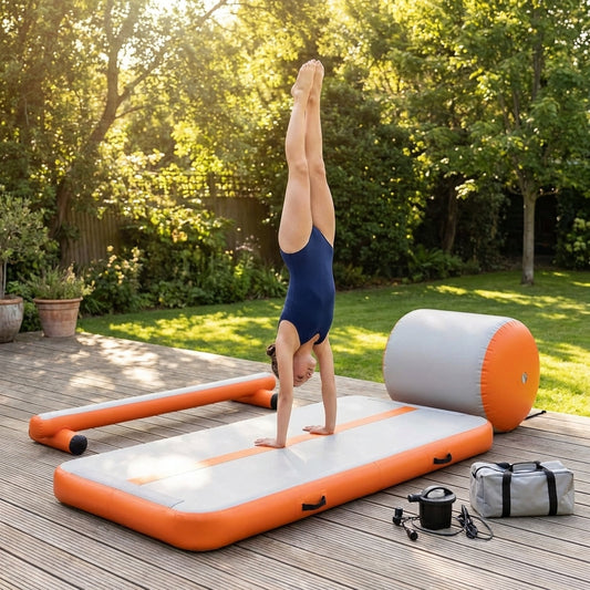 Inflatable gymnastics mat set including mat, beam, and block in use - product detail