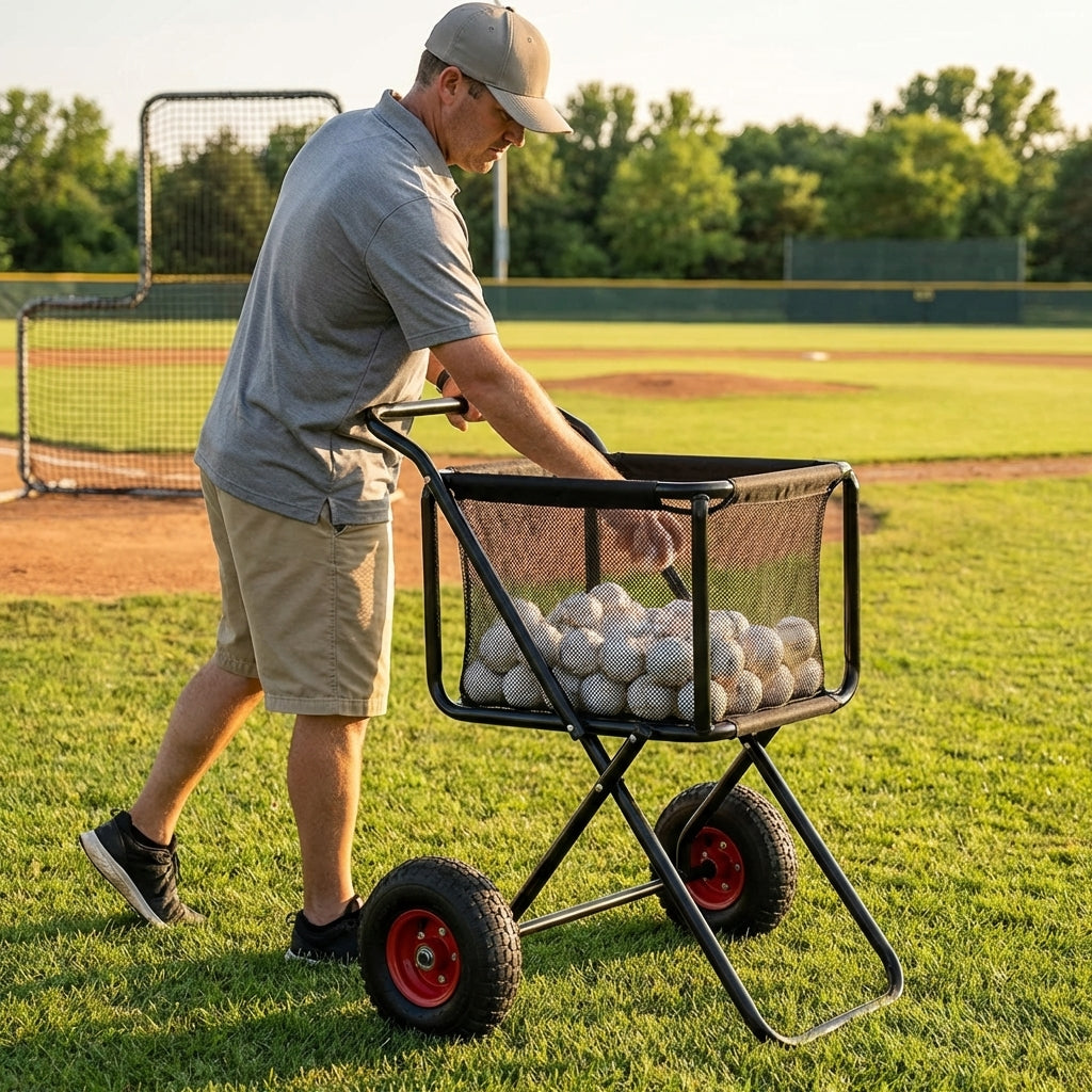 Baseball ball carry cart with durable steel frame and mesh netting - product detail