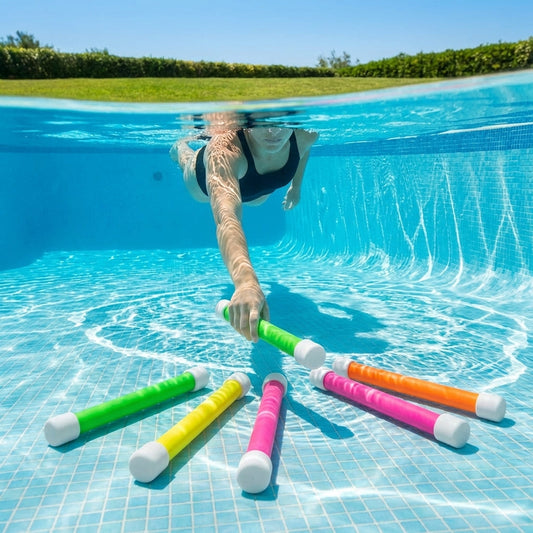 Colourful swimming diving sticks in a pool setting - product detail