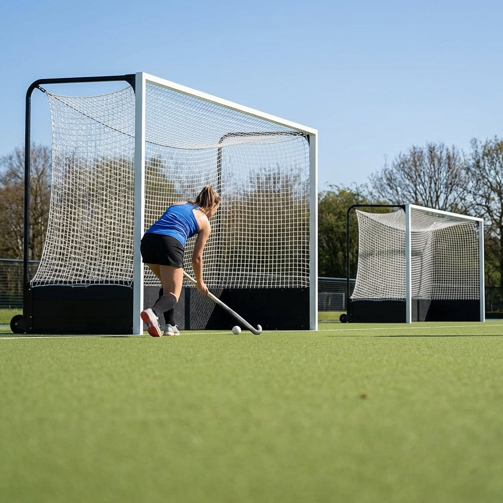 Aluminium hockey goal with HDPE net, 12ft x 7ft, for tournament use