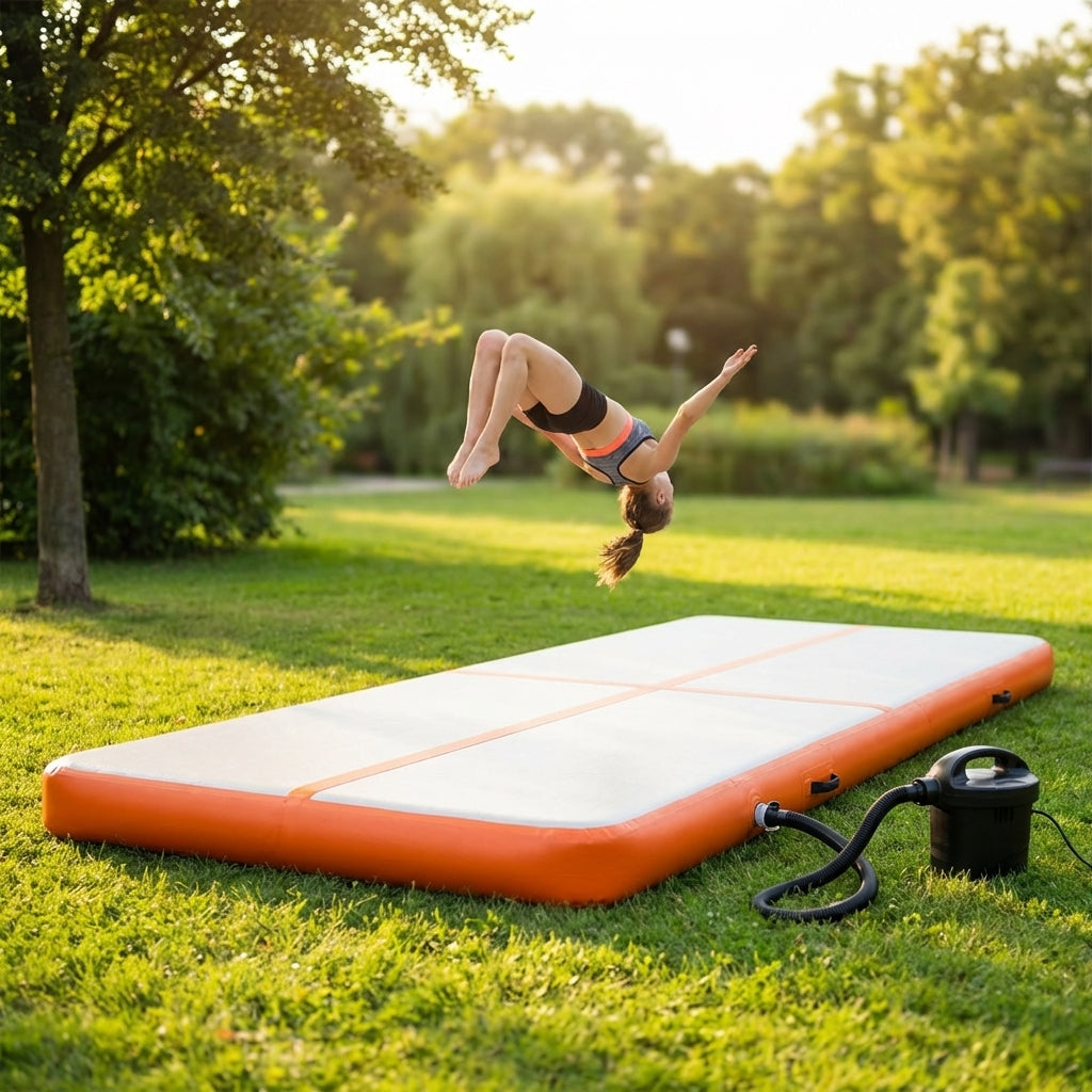 Inflatable gymnastics mat in orange and grey designed for home and gym use