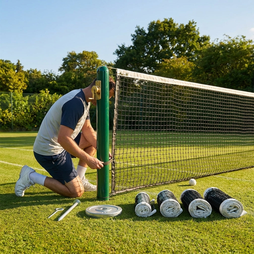 Professional tennis net and posts setup in green