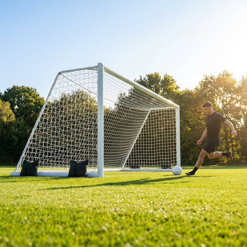 Freestanding stadium football goal with aluminium frame and box net