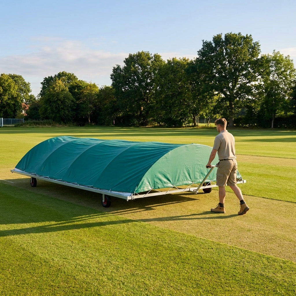 Mobile cricket pitch cover with galvanised steel frame and PVC cover