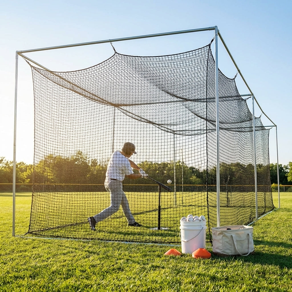 Baseball Batting Cage Net in black, 55ft length, durable for outdoor training