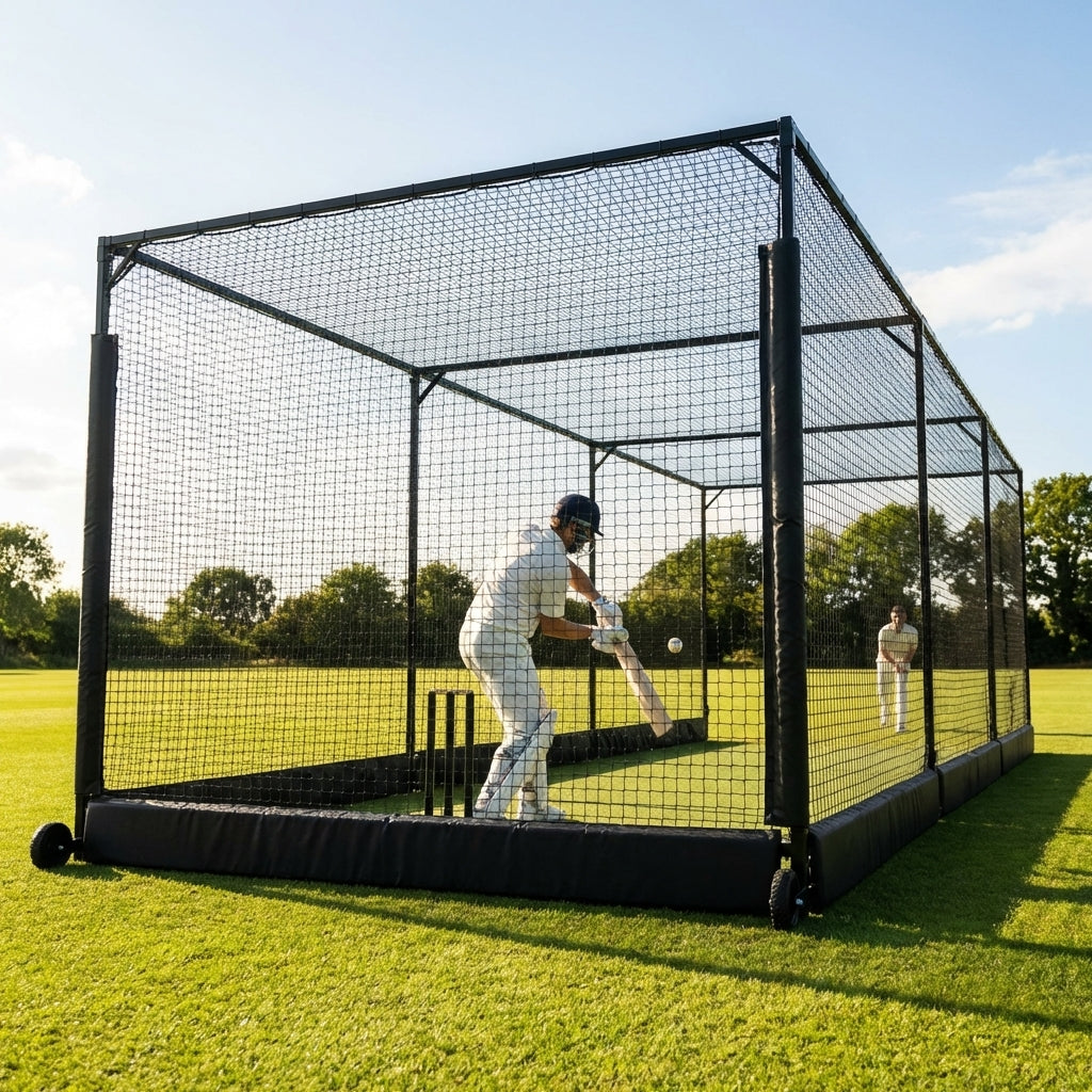 Mobile cricket cage with galvanised steel frame and netting