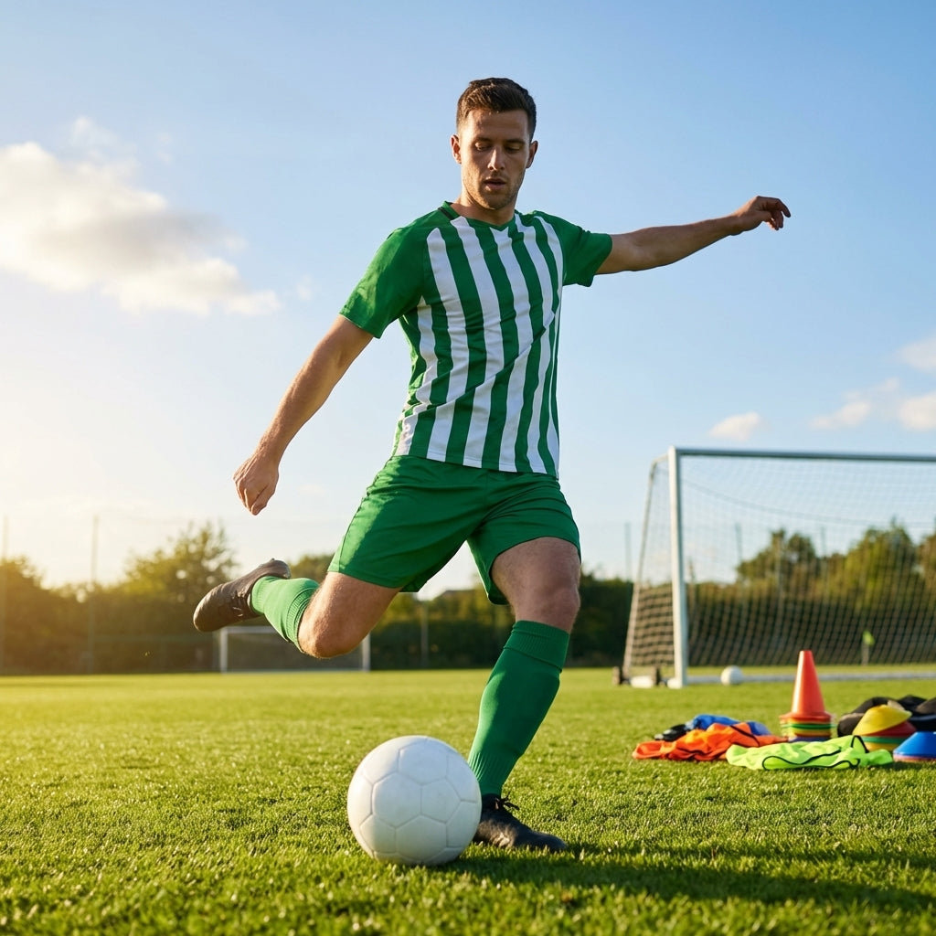 Men's striped football kit with shirt, shorts, and socks