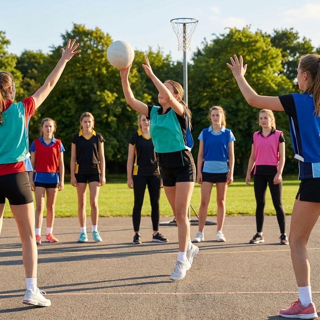 Reversible netball bibs in various colours and sizes, perfect for sports clubs