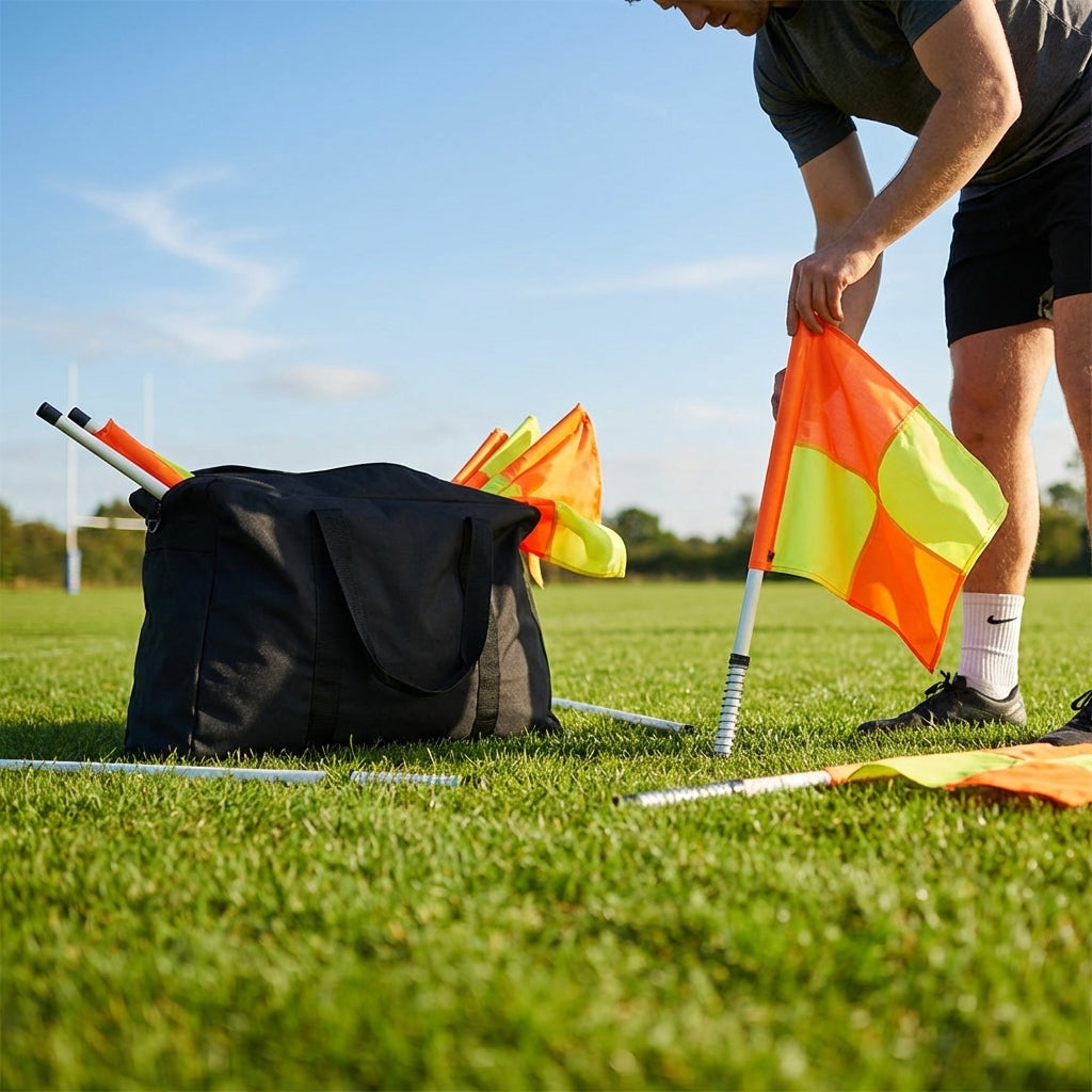 Spring loaded rugby corner flags with PVC poles and nylon flags