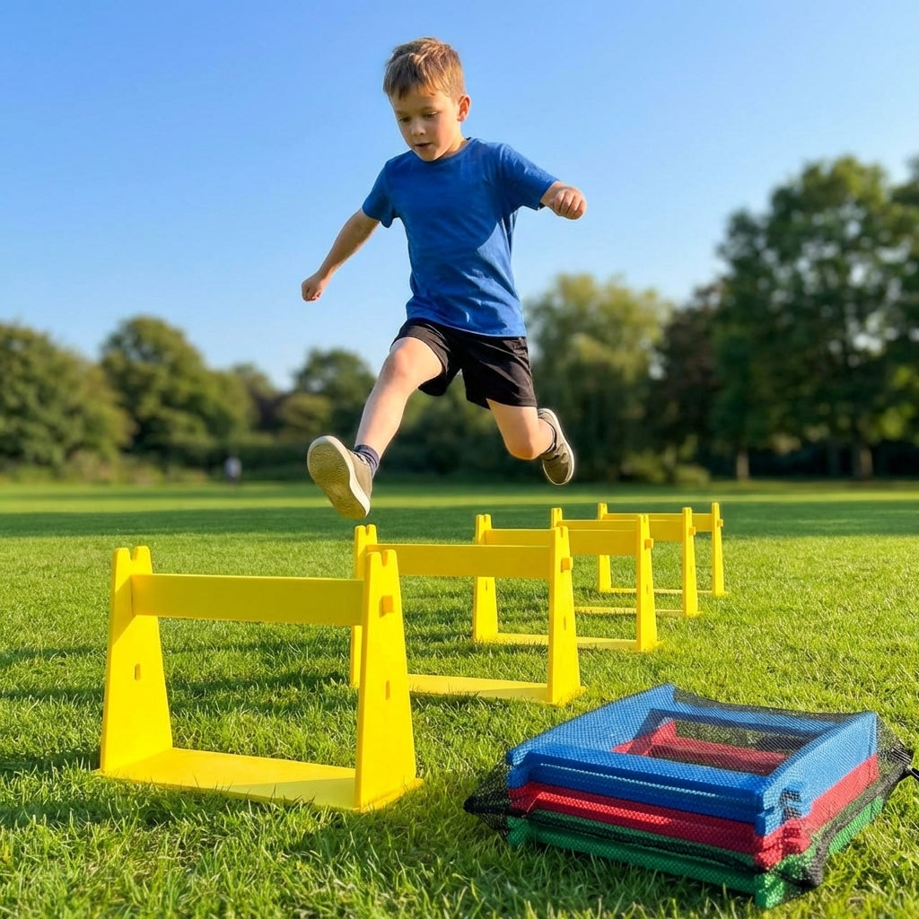 Adjustable foam hurdles in red, yellow, green, and blue for young athletes