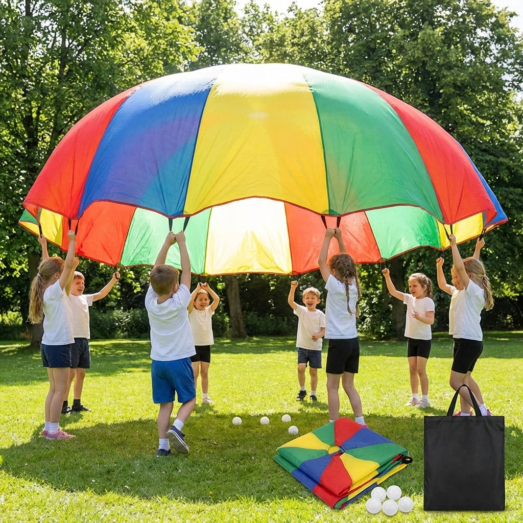 Colourful kids parachute with handles for indoor and outdoor games