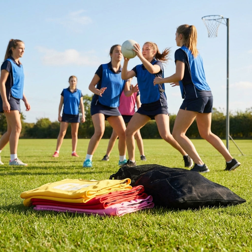 Vibrant netball bibs made of polyester mesh for schools and clubs