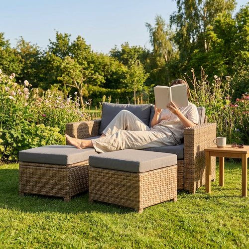 Rattan Sofa Set – 2 Seats + 2 Ottomans – Resin Wicker – Outdoor Use