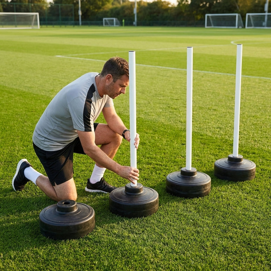4.5ft Boundary Marker Poles – Pack of 4 | PVC Sports Pitch Marking Poles with Optional Weighted Rubber Bases