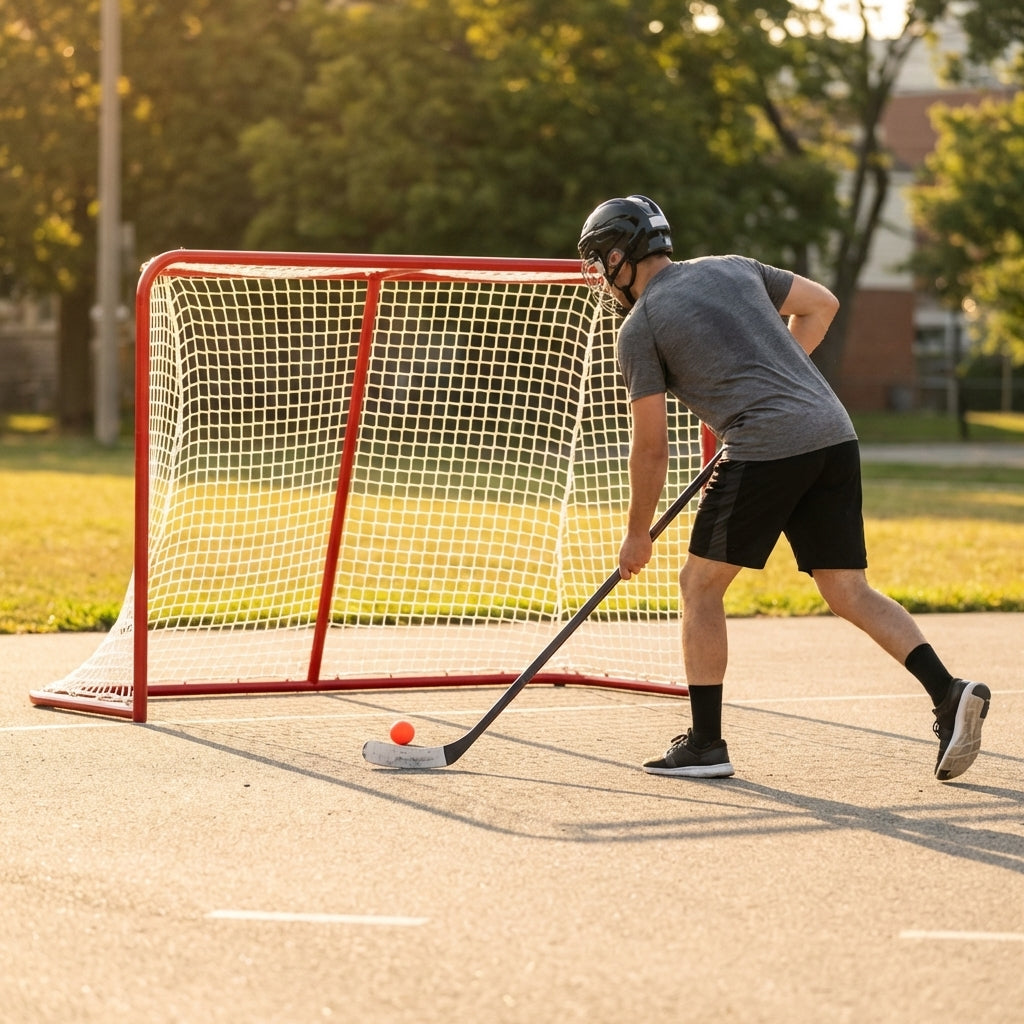 Street hockey goal with galvanised steel frame and red finish - product detail