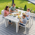 Outdoor dining table set with white aluminium frame and grey ceramic tabletop - product detail