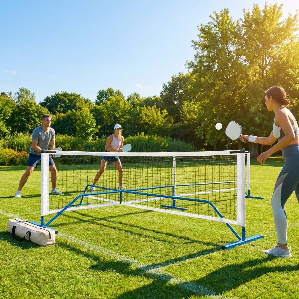 Portable pickleball net with steel frame and polyester netting