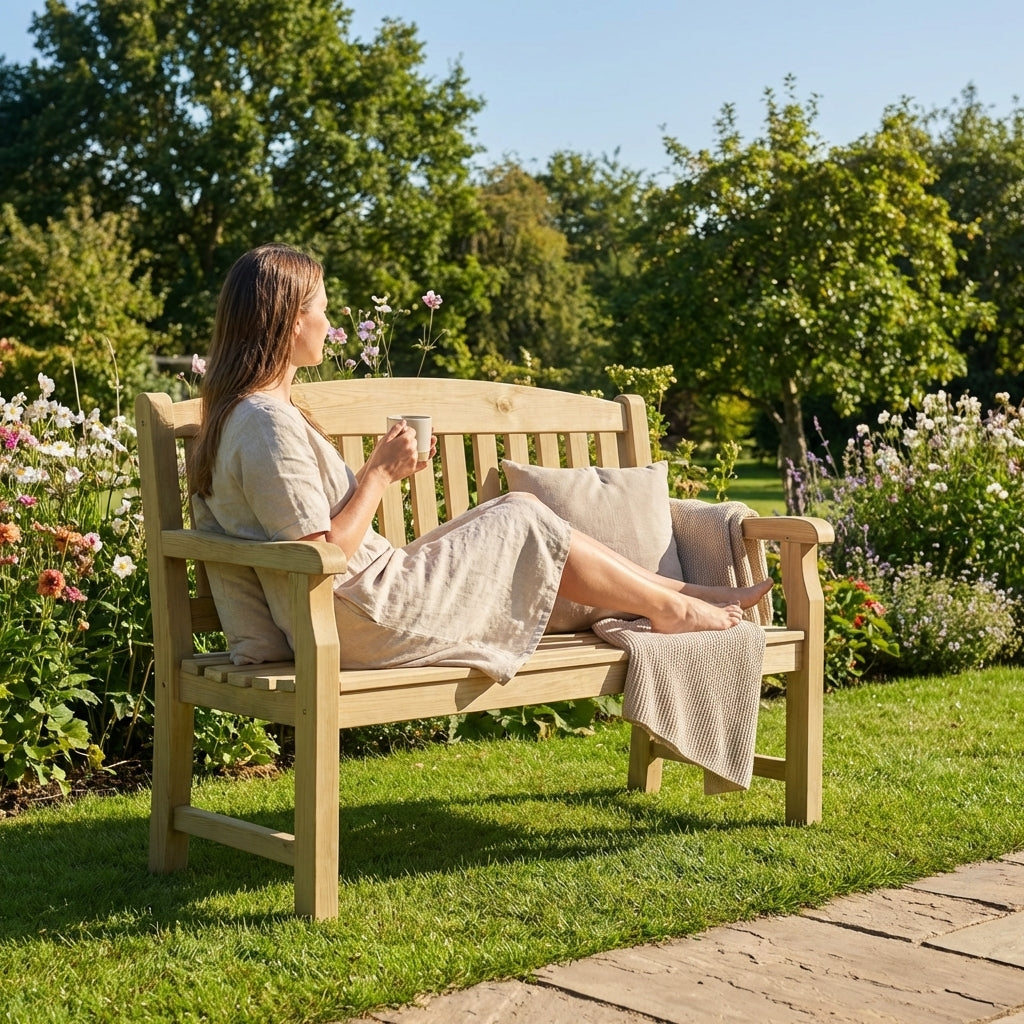 Wooden garden bench with natural finish, ideal for outdoor seating