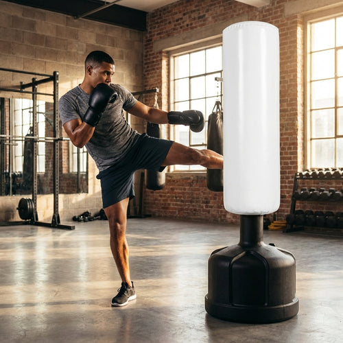 Freestanding Punch Bag – 6ft Black/White – Microfibre Leather – Home & Gym Use