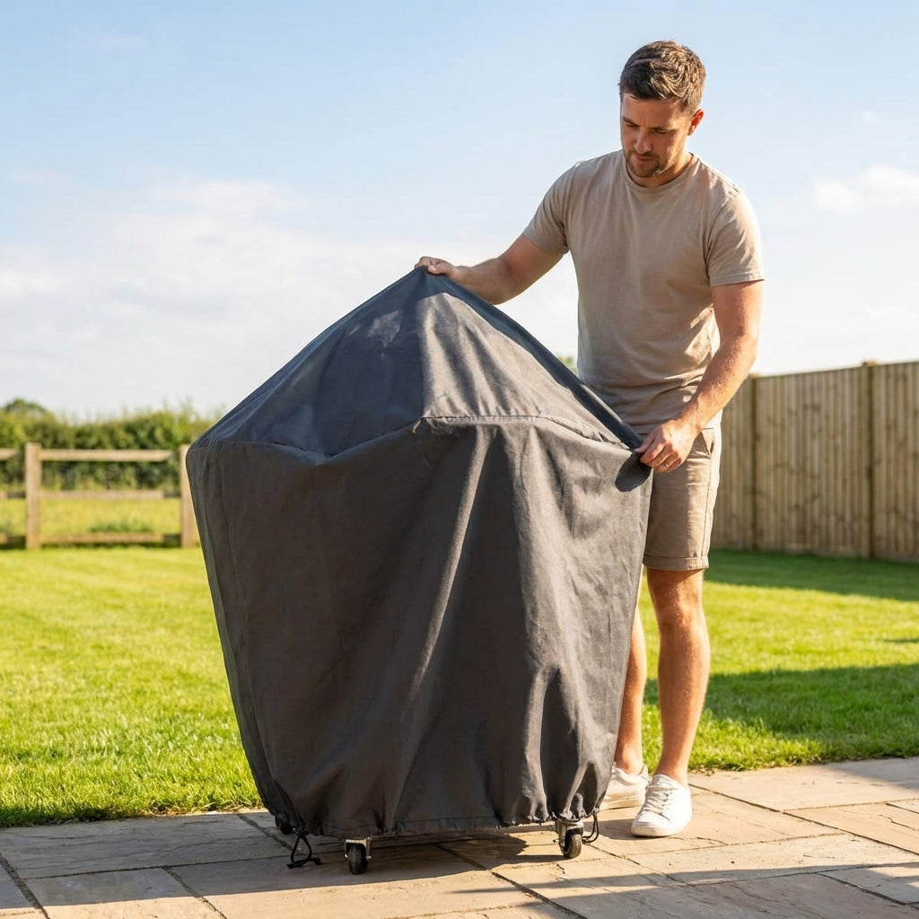 Black waterproof BBQ cover with PVC coating for outdoor protection