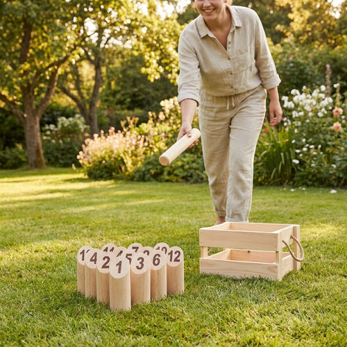 Wooden Skittle Game – 12-Piece Set – Hardwood – Outdoor Family Fun