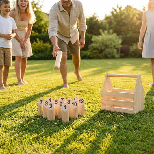 Wooden Skittle Game set with 12 numbered pins and a throwing baton - product detail