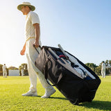 Wheeled cricket team kit bag in black for easy sports equipment transport