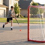 Street hockey goal with galvanised steel frame and red finish