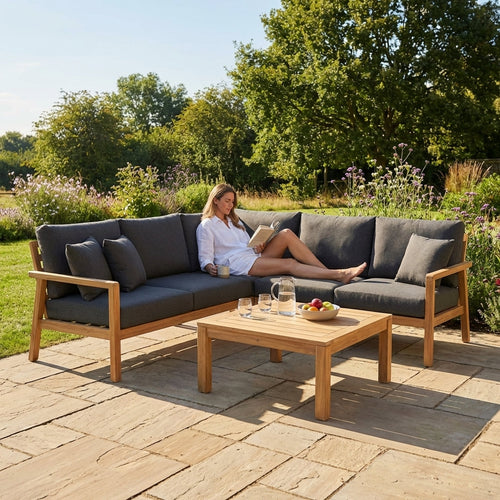 Garden Corner Sofa Set – Charcoal/Teak – Aluminium & Teak – Outdoor Use