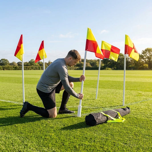 Football corner poles with fluro yellow/orange flags