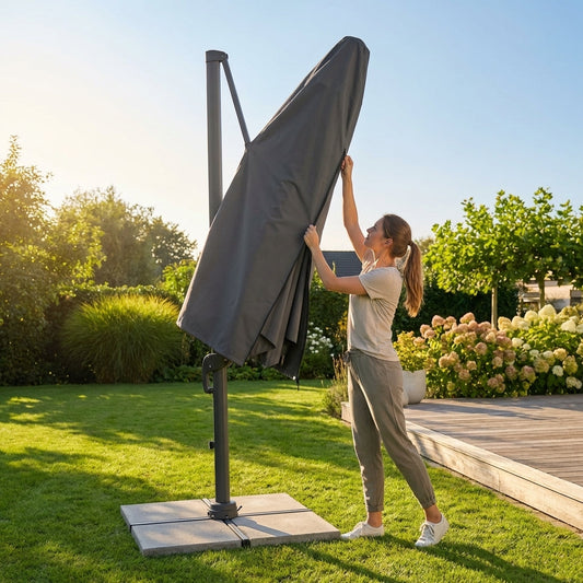 Black weatherproof parasol cover for garden storage - product detail