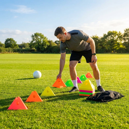 Training marker cones in vibrant Fluro colours for sports drills