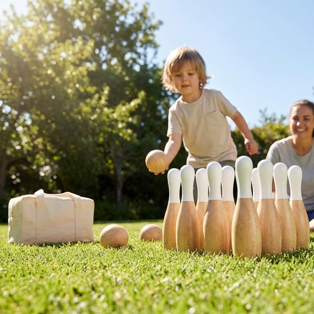 Wooden Skittles Set with 10 Pins and 3 Balls for Outdoor Use - product detail