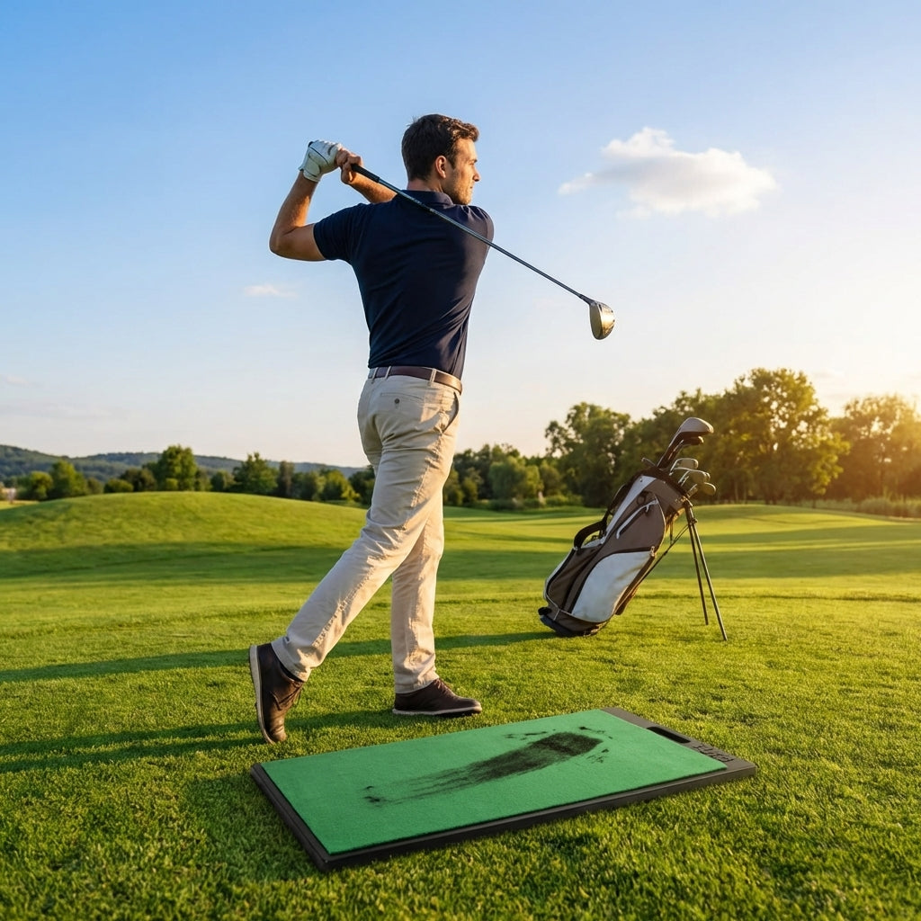 Golf swing mat showing swing path and contact point - product detail