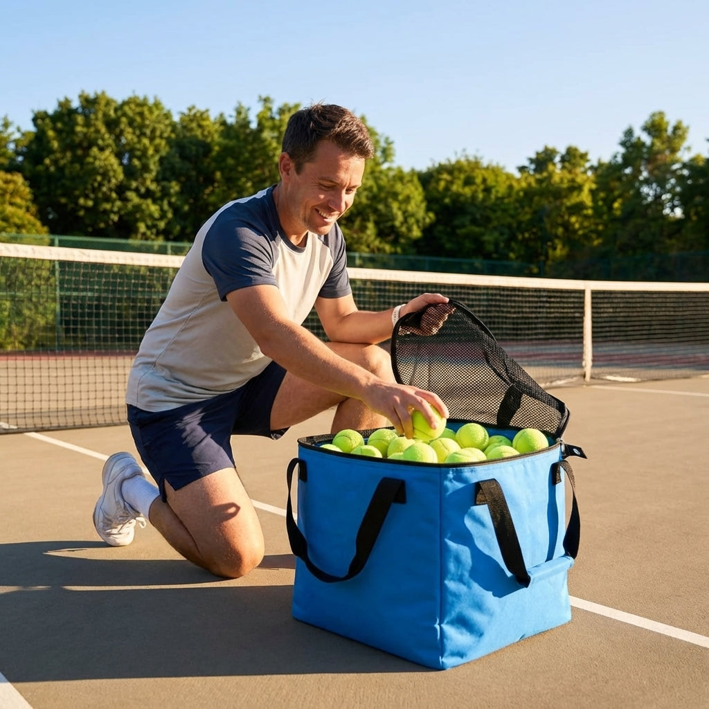 Tennis ball basket bag in black or blue, holds 150 balls, durable fabric - product detail