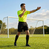 Football referee kit with fluro yellow or black shirt, shorts, and socks