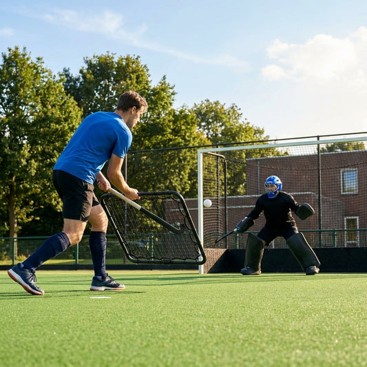 Handheld hockey rebounder with galvanised steel frame and black netting - product detail