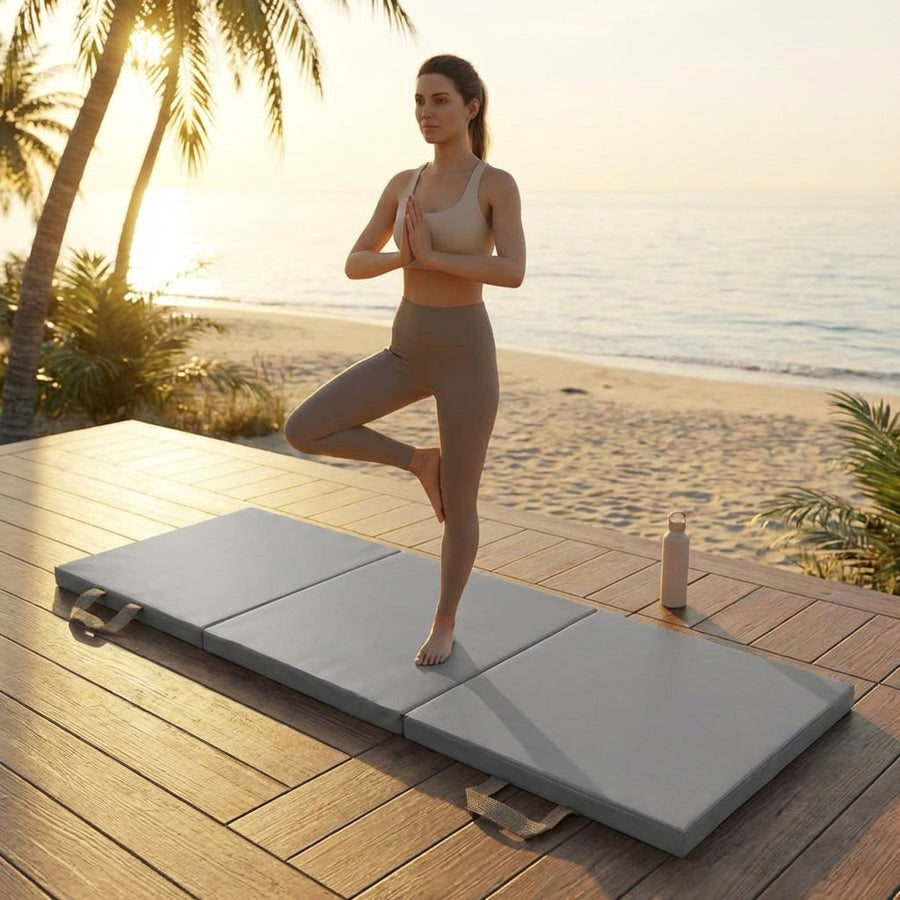 Tri-Folding Yoga Mat – Blue – PU Leather & PE Cotton – Home & Gym Use