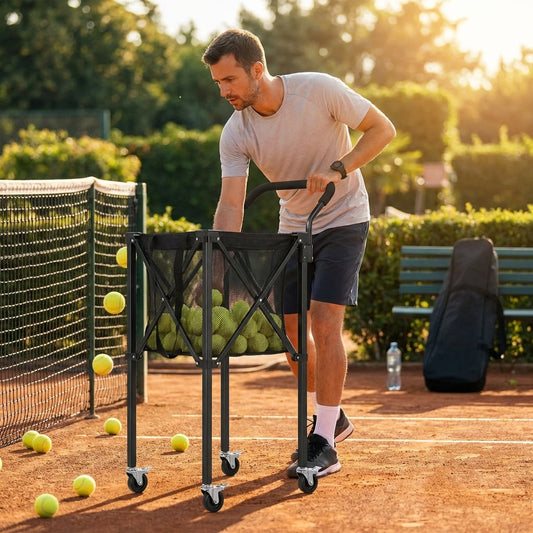 Portable rolling tennis ball basket with aluminium frame and carry bag - product detail
